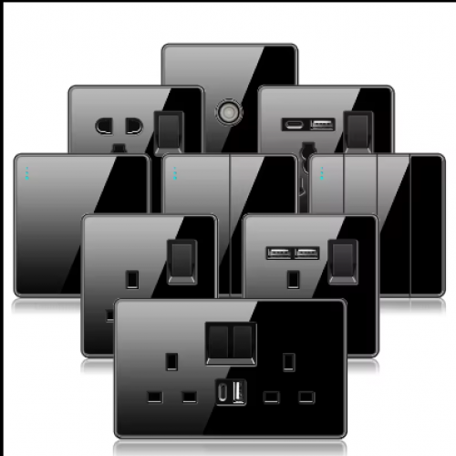 wall charging power switch with usb wall outlet, black High quality glass electrical lamp Speed switch socket